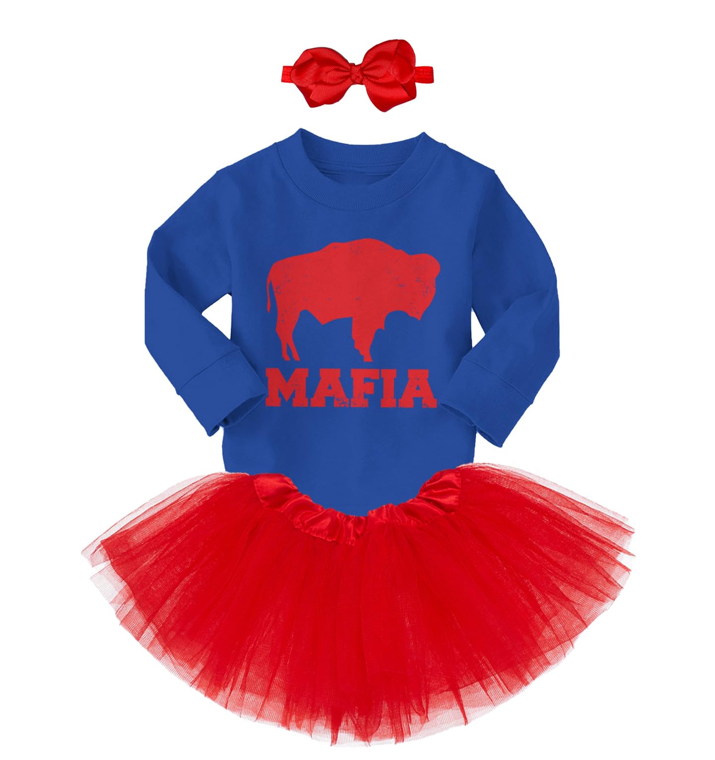 Buffalo Mafia - State Proud Strong Pride Sports Long Sleeve Toddler T-Shirt + Tutu Skirt + Bow Headband Set (Long Sleeve Royal Blue T-Shirt/Red Tutu, 3T)