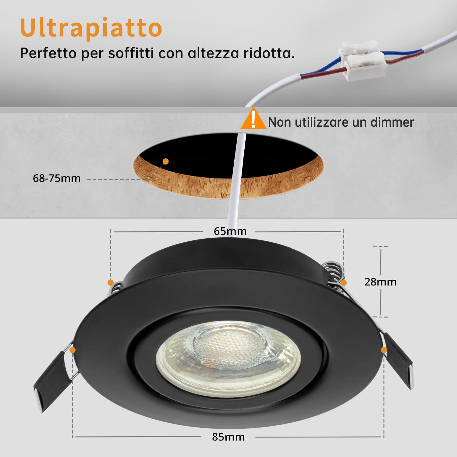 wowatt Set da 10 Faretti LED da Incasso per Cartongesso Dimmerabili Nero 7W | 700LM 2800K Luce Calda Lampada da Soffitto Ultrasottili, IP44 Spot LED 230V Orientabile Rotondi Foro 68mm per Bagno Cucina