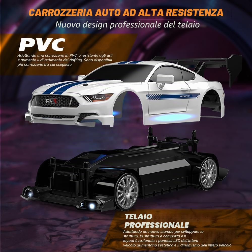 Drift Car 1:24 Auto da corsa telecomandata 20 km/h 4 WD 2,4 GHz Telecomando Mini RC Car con due batterie luci LED per bambini