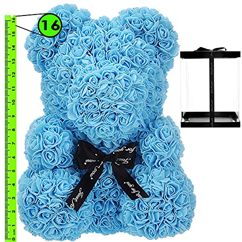 Large 16” Flower Teddy Bear Gift Set | Handmade Artificial Roses for Valentine’s Day, Mother’s Day, Anniversary | Includes Boxed Chocolates, Heart Balloon and Display Box (Blue)