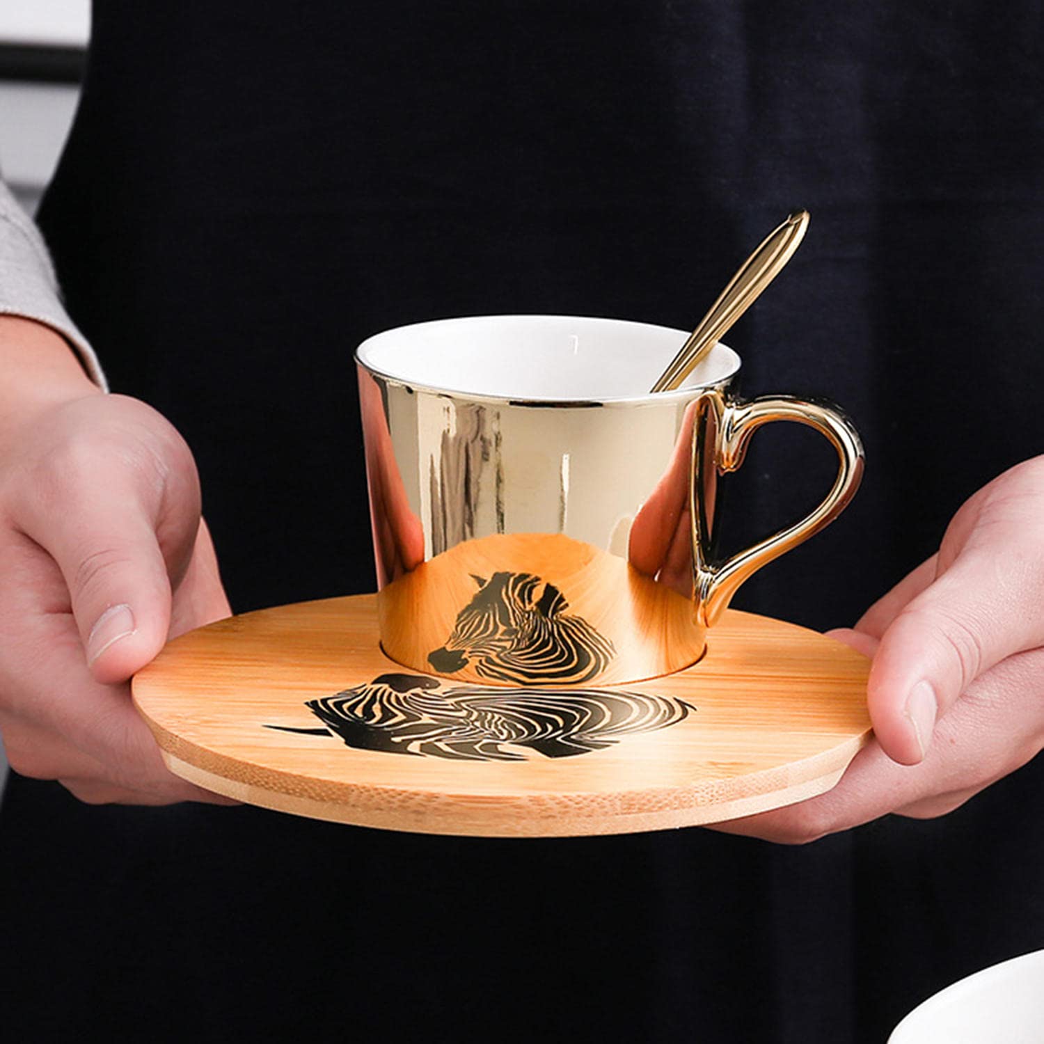 Tasse Et Soucoupe Miroir Anamorphique - Café Illusion Réfléchissante 250 Ml Céramique Dorée/Argentée Cadeau Original