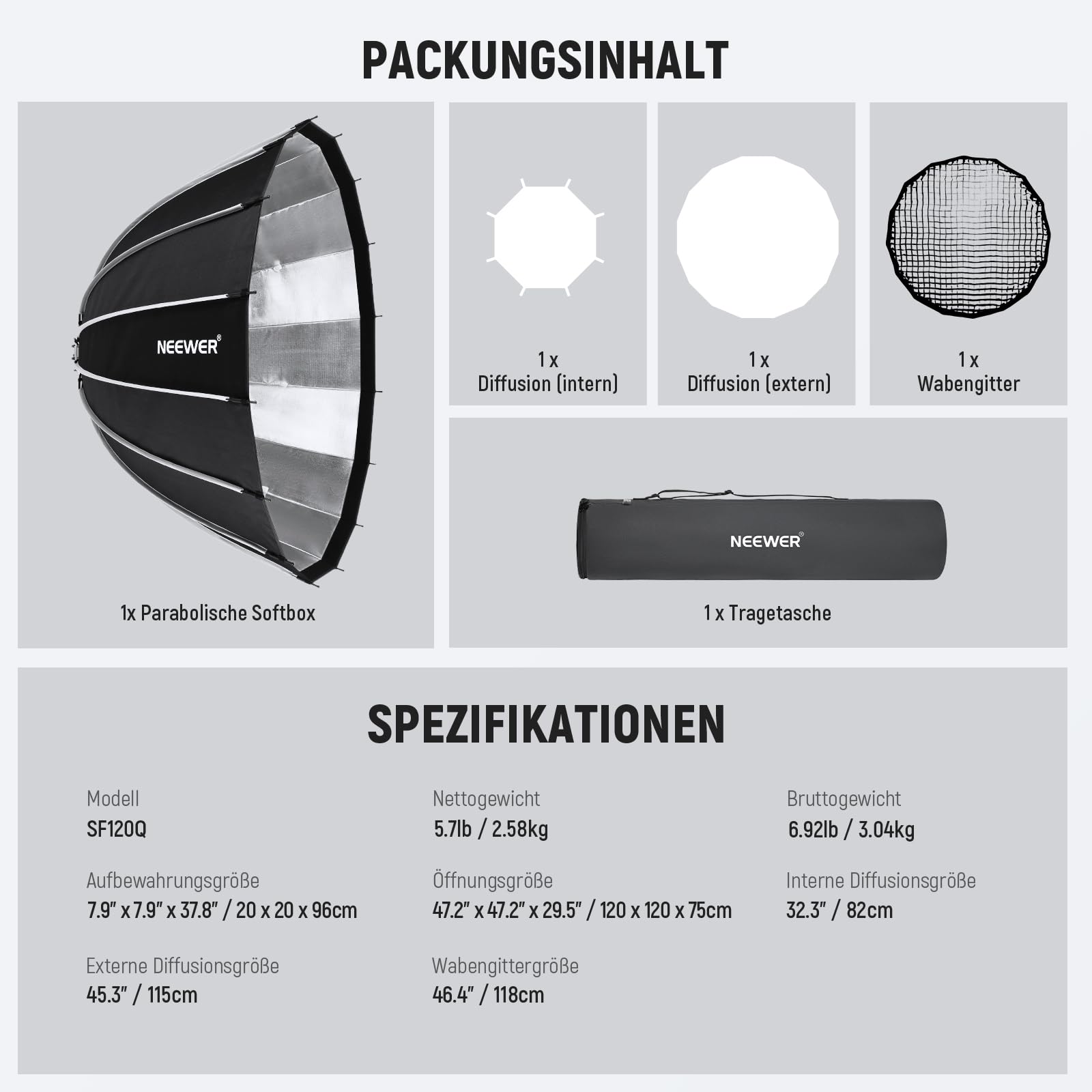 NEEWER 47,2Zoll/120cm Parabolic Softbox Quick Setup Quick Folding, mit Diffusoren/Wabengitter/Tasche, kompatibel mit Aputure 120d Light Dome Godox sl60w NEEWER RGB CB60 und Anderen Bowens Mount Lights