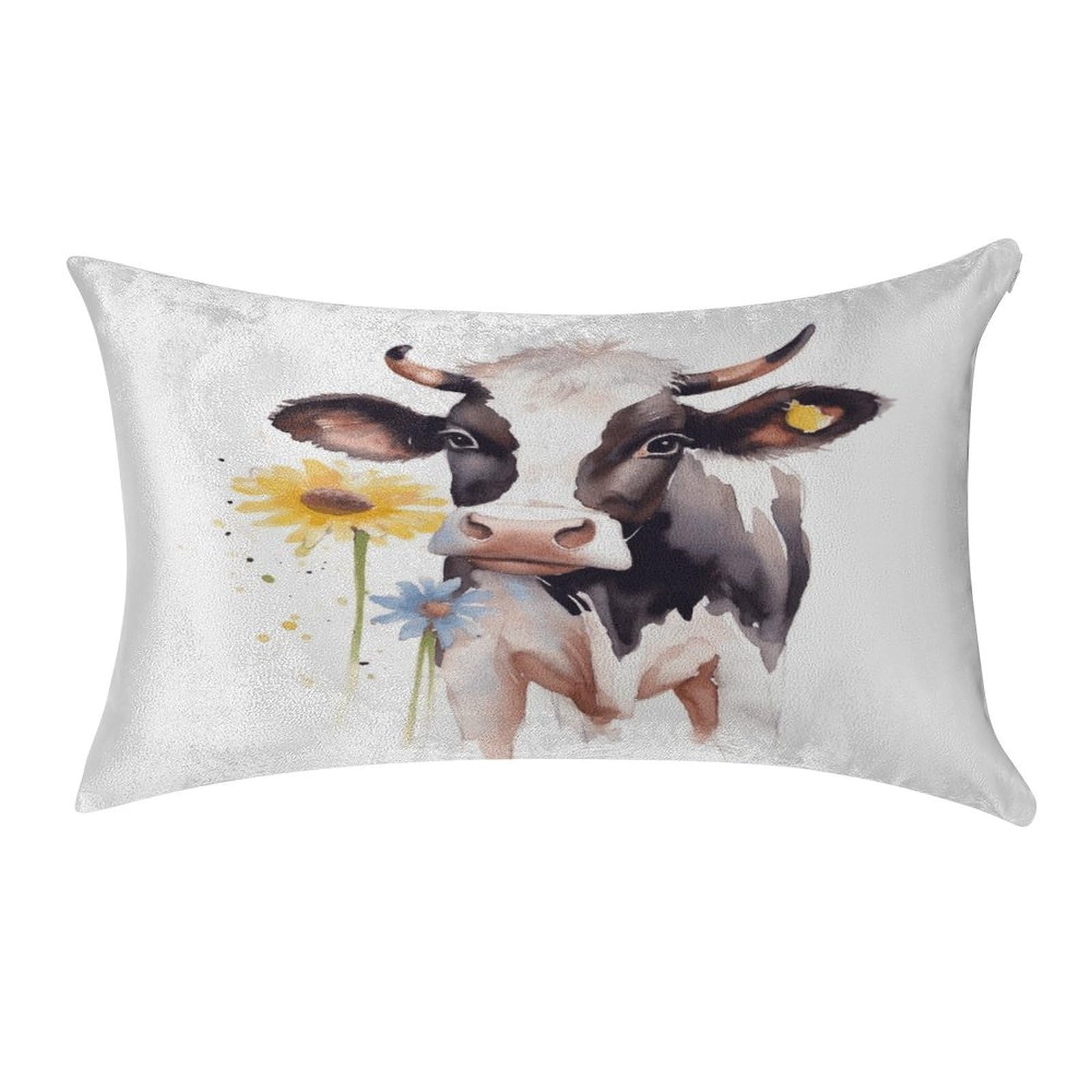 FekiLoot Watercolor Cow and Daisy Flower Pillow Cover Modern Lumbar Pillow Covers Easy Care Velvet Pillowcase Super Soft Cushion Case Rectangular Throw Pillow Cover for Couch Sofa Bedroom Car Decor