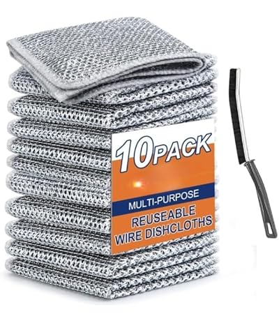 Rylan 10 Pack Non-Scratch Wire Dishcloth & Gaps Cleaning Brush, Multipurpose Wire Dishwashing Rags for Wet and Dry, Easy Rinsing, Reusable, Wire Cleaning Cloth for Kitchen, Sinks (10 Cloth+1 Brush)