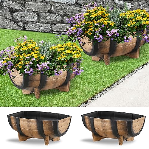 YI-2-Pack-Rustic-Half-Barrel-Planters-1634x1181x728-Inches-Plastic-Weather-Resistant-Plant-Flower-Pot-Indoor-Outdoor-Garden-Planter YI 2 Pack Rustic Half Barrel Planters 1634x1181x728 Inches Plastic Weather Resistant Plant Flower Pot Indoor Outdoor Garden Planter