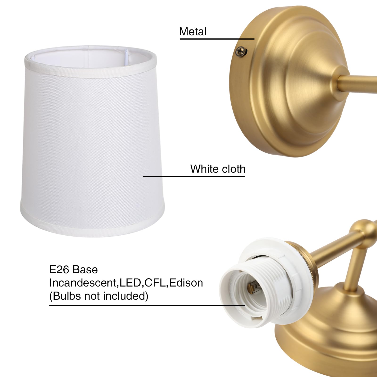 Yosoan Wandleuchte mit Stoffschirme Lampe Wandlampe Modern Wandleuchten mit E27 für Spiegel, Wohnzimmer, Schlafzimmer und Treppe (2 Stk mit antike Metal und weißem Stoffschirme)