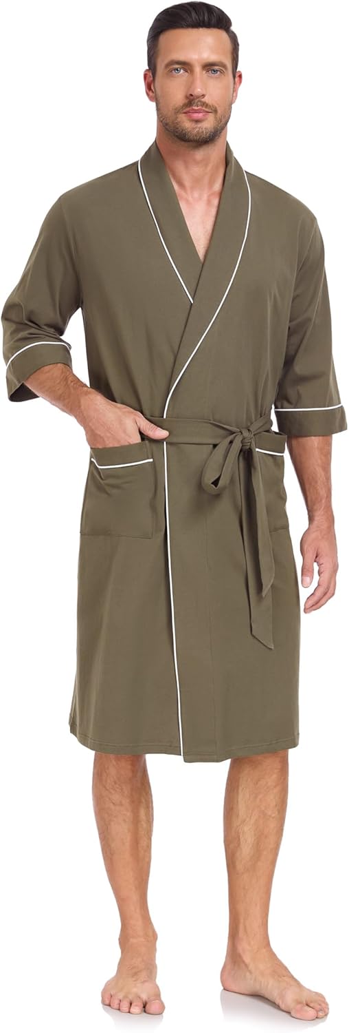 COLORFULLEAF 100% Cotton Men's Bathrobes Lightweight Breathable Short Sleeve Kimono Spa Robe with pockets - Image 7