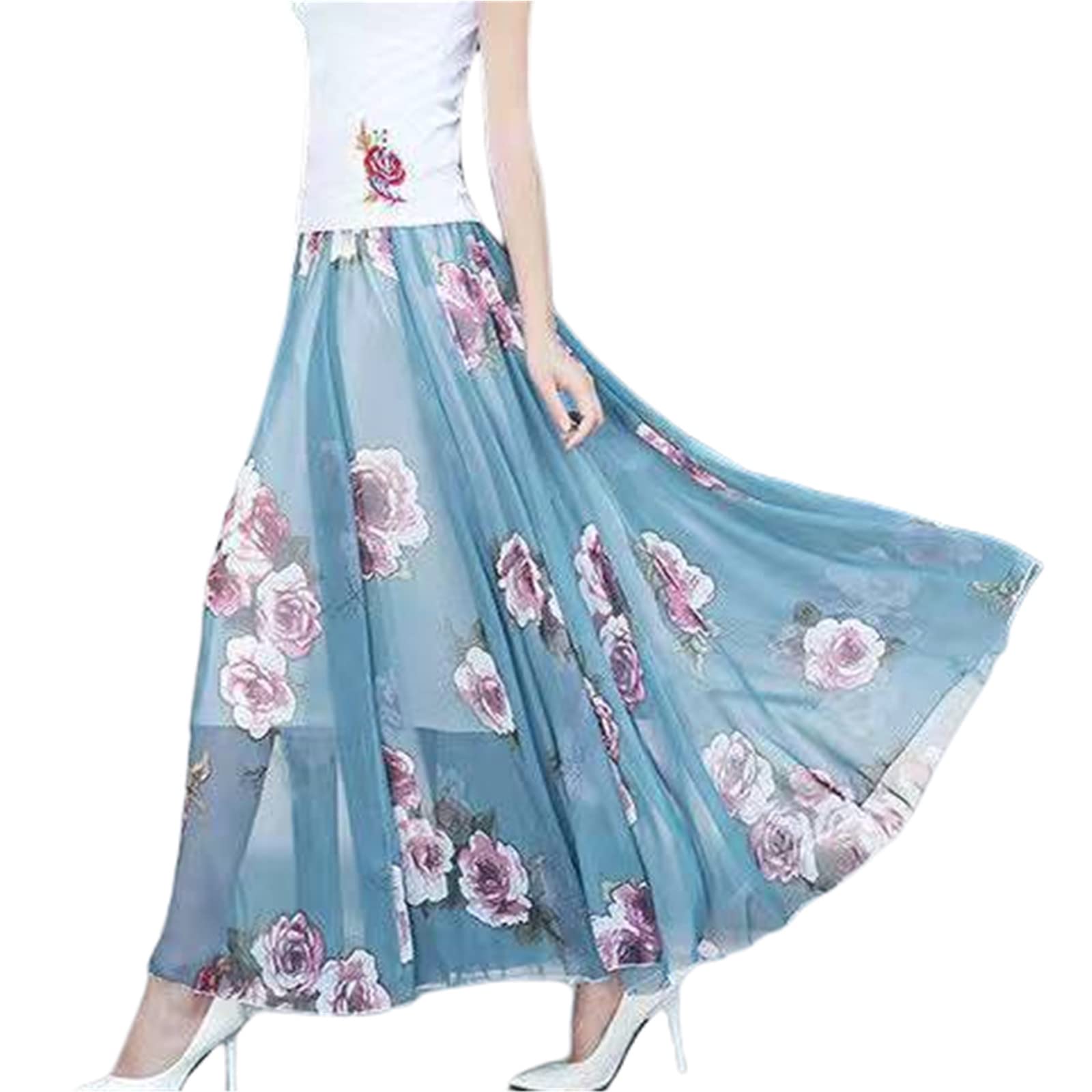 URYYRIT Strandkleid Chiffon Blumensommerrock Mitten In Großer Größe Langer Rock Big Swing Beach Seaside Dancing Feenrock