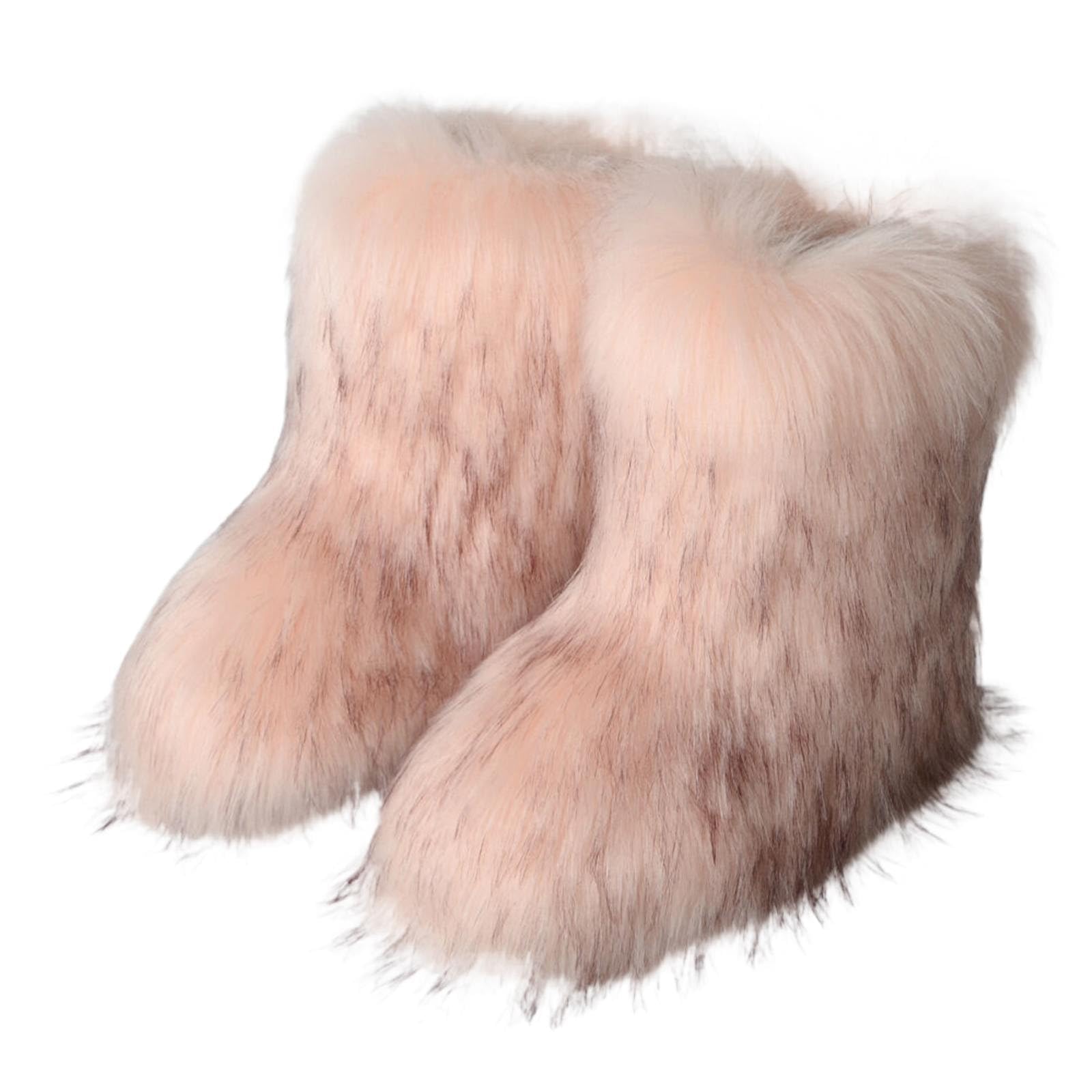 HINDOLA Womens Faux Fur Boots Fuzzy Fluffy Furry Round Toe Suede Boots Winter Comfy Plush Warm Snow Boots Comfortable Winter Ankle Booties Anti Slip