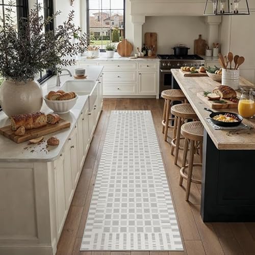 Grey 2x8 Runner Rug for Hallways Machine Washable Checkered Rugs Non-Slip Low Pile Boho Indoor Accent Long Carpet for Entrance Kitchen Bedroom Dining