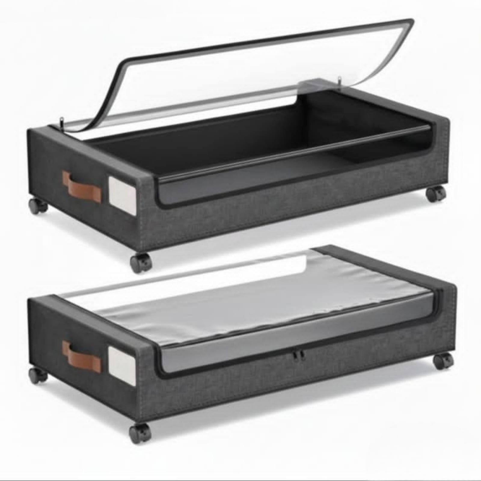 STOROX Under Bed Storage Box with Wheels, 2 Pack, Grey Fabric Rolling Storage with Clear Window, Zippered Underbed Storage for Clothes, Shoes and Bedding