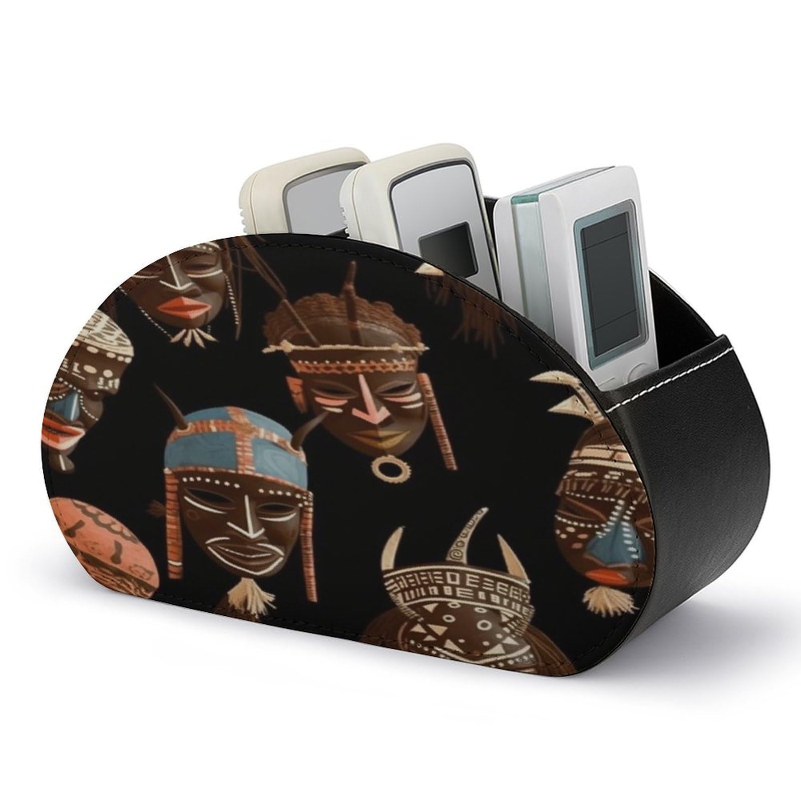 VstaDank African Ritual Ethnic Tribal Remote Control Holder with 5 Compartments PU Leather Remote Caddy Desktop Organizer Store TV Remote Control Storage Box for Home Office Desk Nightstand