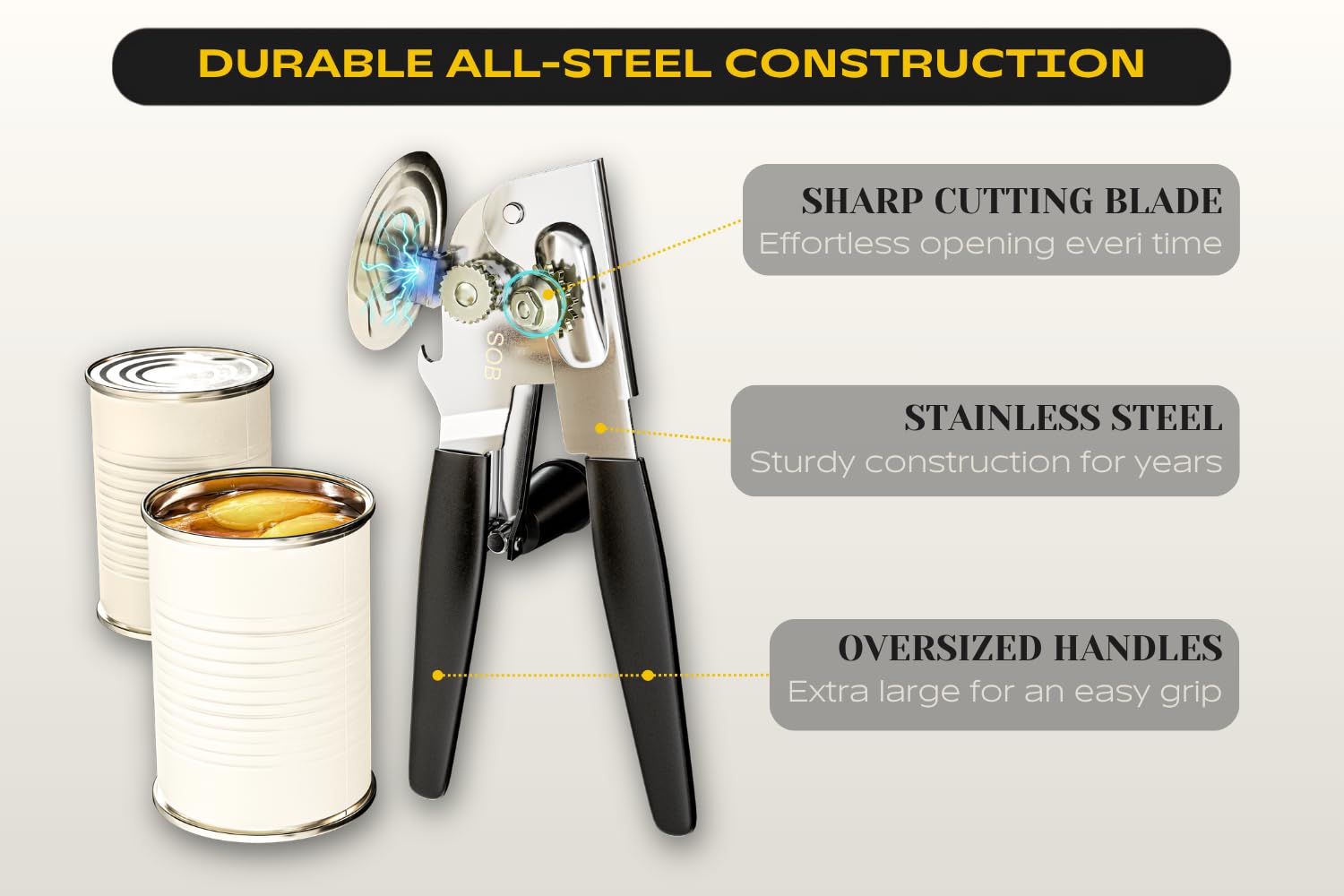 Heavy Duty Can Opener with Magnet – Commercial Can Opener Manual for Seniors & Arthritis - Hand Held, Folding Knob, Smooth Edge, Works on #10 Cans, for Restaurants — Amazon image 2