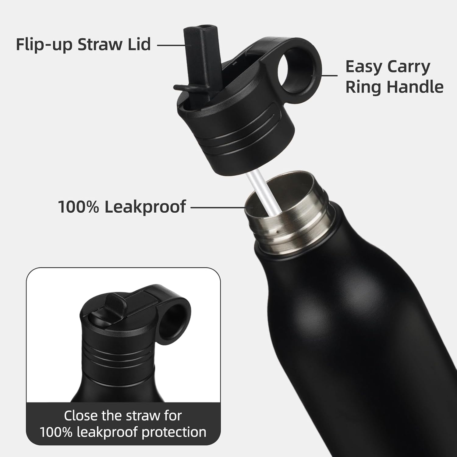18oz Stainless Steel Water Bottle with Straw, Insulated Metal Travel Water Bottle, Reusable and Leak Proof, BPA Free, Double Wall Design, Black - Image 3