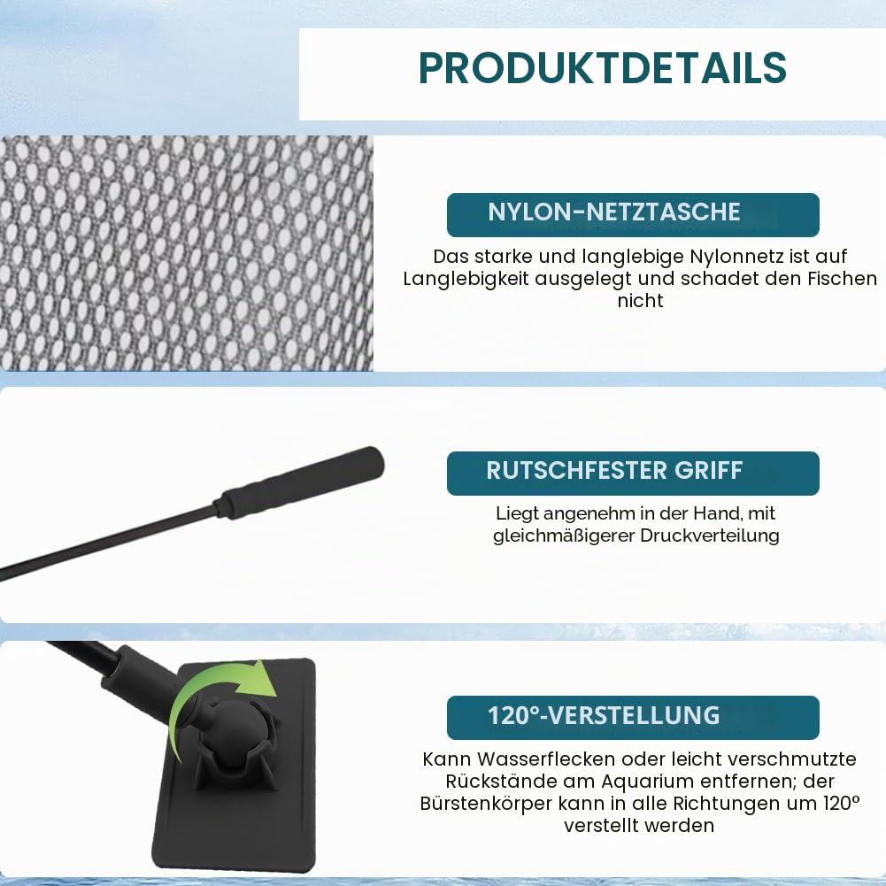Aquarium Reinigungswerkzeuge, 5-in-1 Reinigungsset mit Scheibenreiniger, Algenschaber, Glasschwamm, Kiesbesen, Netz-Reinigungswerkzeug für Aquarium, Fish Tank Reiniger set für Aquarien & Glasbecken
