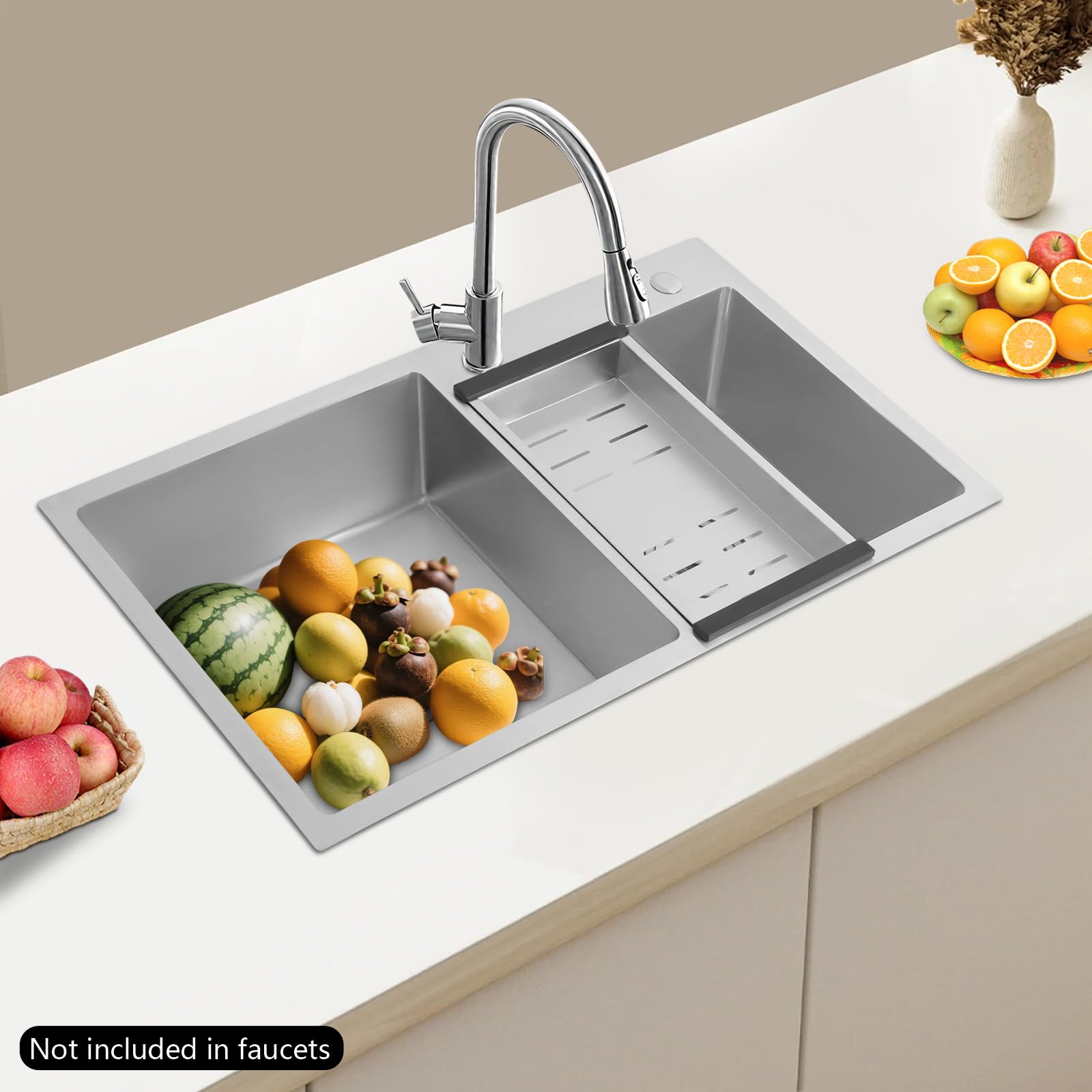 Fregadero de cocina de acero inoxidable con escurridor y un juego de tubos de desagüe, 78 x 43 x 21 cm, doble fregadero de acero inoxidable