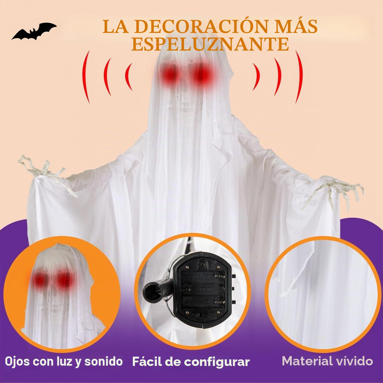JOYIN Decoración de Fantasma Animada de Halloween de 172,7 cm, Accesorio de Fantasma Esqueleto de pie con Ojos iluminados y Sonido Espeluznante (activación de Sonido) para Halloween,