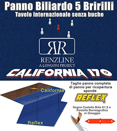 Panno biliardo 5 birilli tavolo internazionale, senza buche, Renzline California blu taglio cm.305x170 copertura piano biliardo con campo gioco fino a cm.284x142, abbinato ad un set di panno per sponde Reflex. Accessori e omaggio.