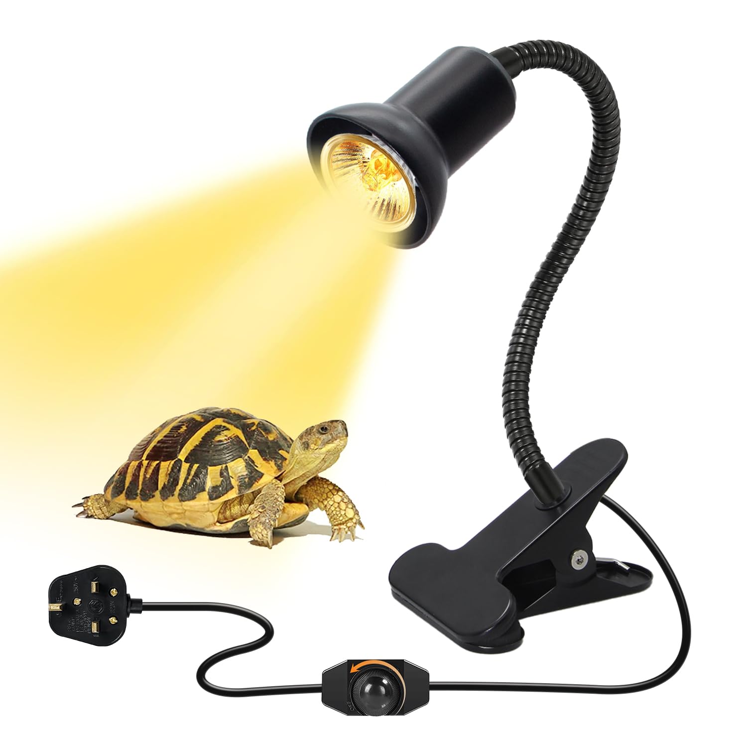 LAKONEI 360° Adjustable Gooseneck Clamp Lamp, Tortoise Heat Lamp with Dimmer Switch, E27 Ceramic Bulb Holder Metal Basking Light for Turtle Lizard Bearded Dragon (Black, No Bulb)