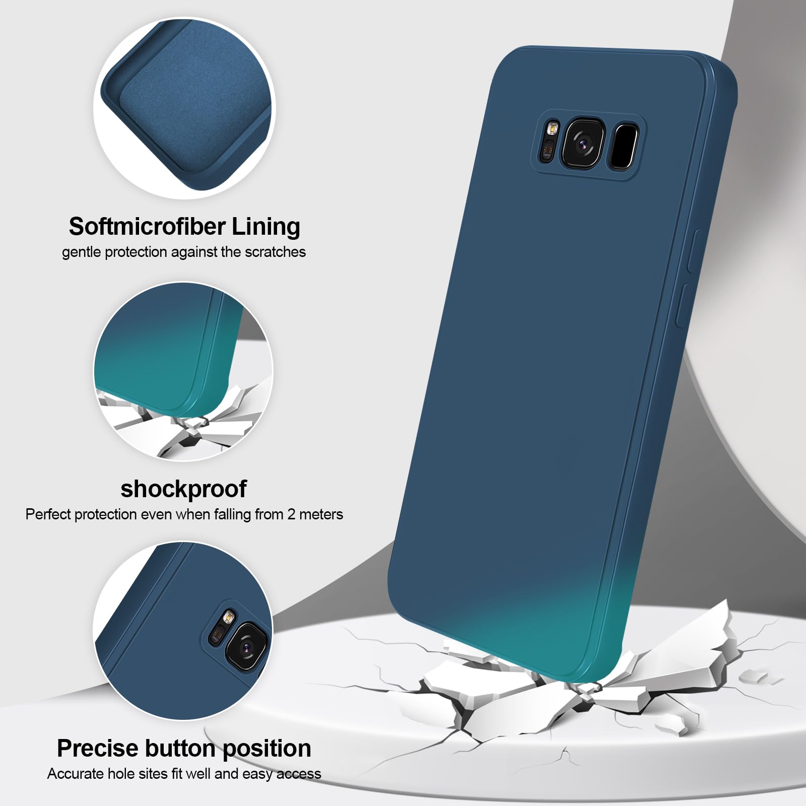 Close-up of the blue GiiYoon silicone case for Samsung Galaxy S8, highlighting its smooth texture and precise cut-outs.