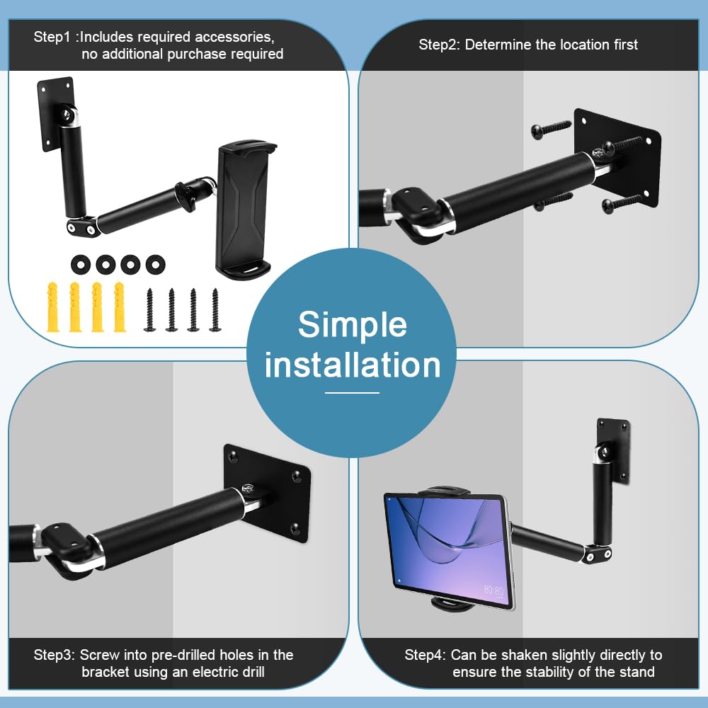 Soporte de Pared para Tablet, Soporte para Teléfono Móvil Tablet iPad de 4 a 13 Pulgadas Soporte de Pared para iPad Giratorio 360º con Largo Brazo Extensible de Aleación de Aluminio