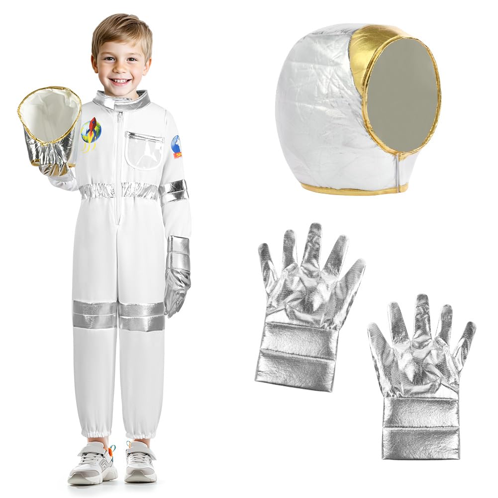 Aomig Kostium astronauty dla dzieci, unisex, zabawka, kosmiczna przygoda, strój z torbą i rękawiczkami, kosmonauta, fantazyjny kostium, dla dziewcząt lub chłopców, prezent na Światowy Dzień Książki