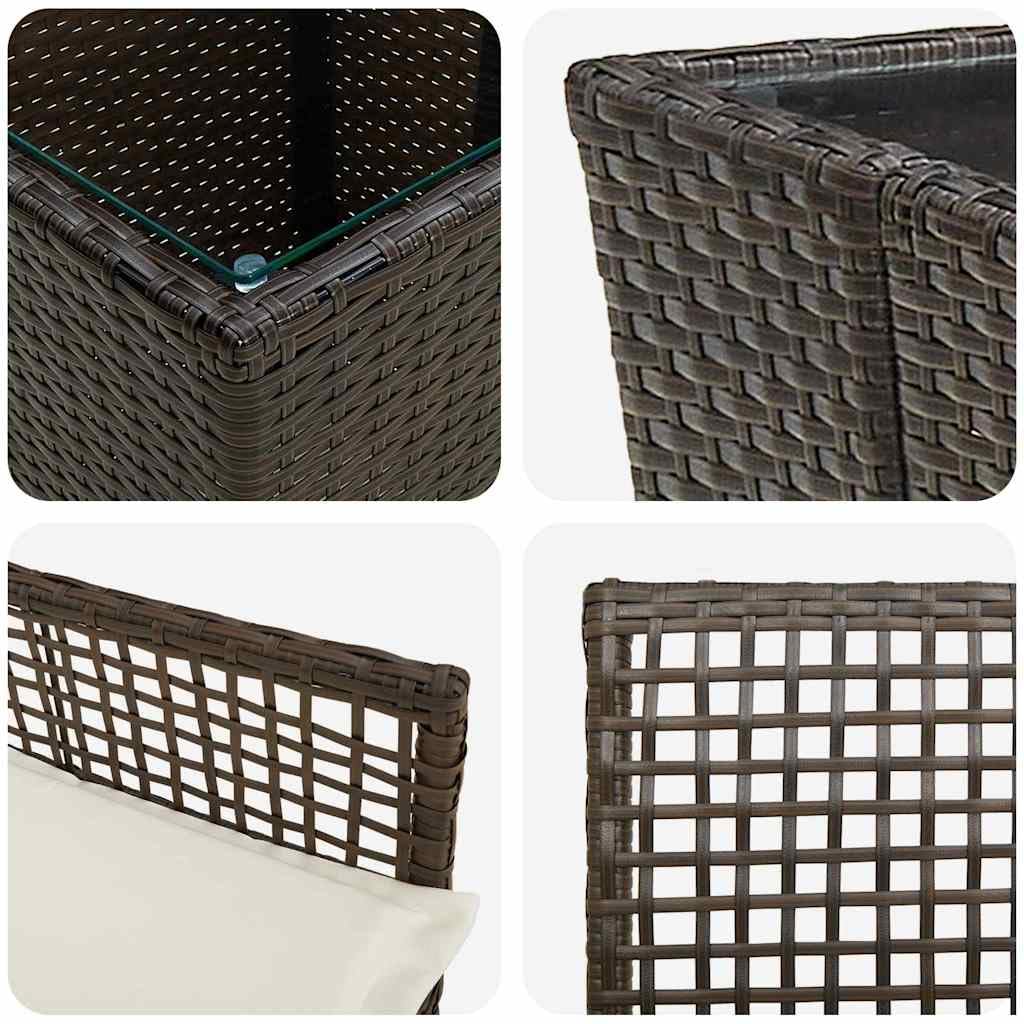 Set da bistrò in polyrattan, 3 pezzi, marrone, con piano in vetro di sicurezza e braccioli, per giardino, terrazza o patio