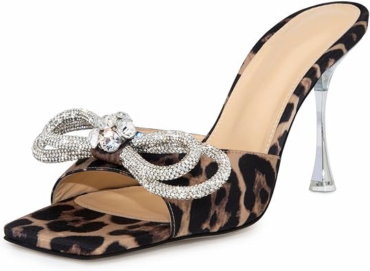 BlingQueen Womens Heeled Sandals Double Rhinestones Bow Satin Mules Square Open Toe Slip on Stilettos Clear Heels Wedding Party Dress Shoes