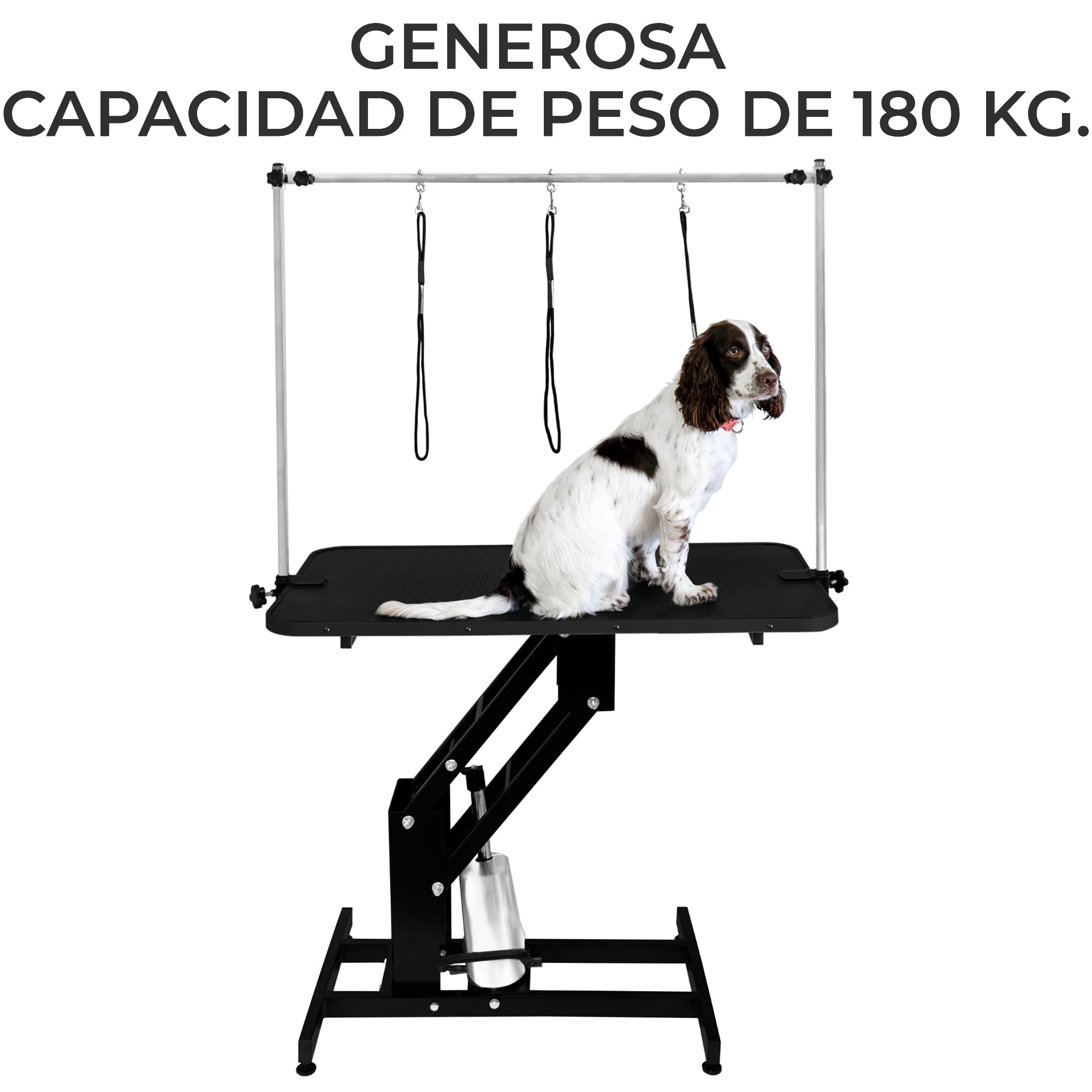 Mesa de Aseo Hidráulica Altura Ajustable Capacidad de 180kg Amplia Superficie de Goma 106cm x 61cm Resistente Estructura de Acero 4 Patas Estables Adaptables 3 Lazos para Sujeción [Negro]