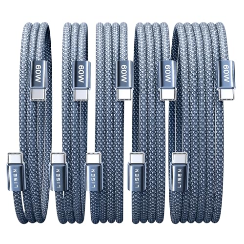 Image of LISEN USB C Cable, 5-Pack [3.3 /3.3 /6.6 /6.6 /10FT] USBC to USBC Cable for iPhone 16e 15 Pro Max Charger Cord, 60W C to C Cable Fast Charging for Samsung S25 /S24 /23, Switch 2, iPad, MacBook, Midnight