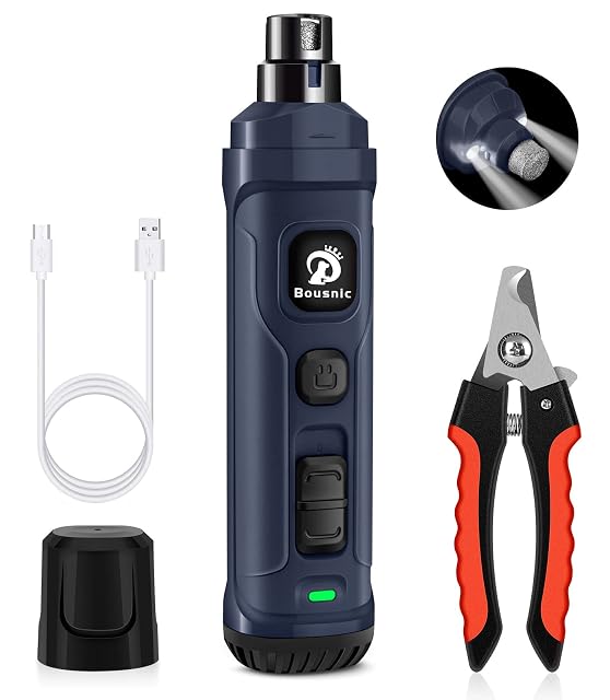 Bousnic Lima de Uñas Eléctrica Clíper Kit para Perros, 2 velocidades y 2 Luces LED