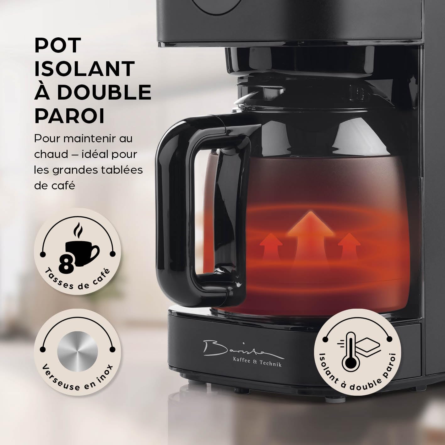 Barista Cafetière filtre avec thermos | Minuteur 24h & filtre permanent | Pour 8 tasses de café | Cafetière pour poudre [Noir]
