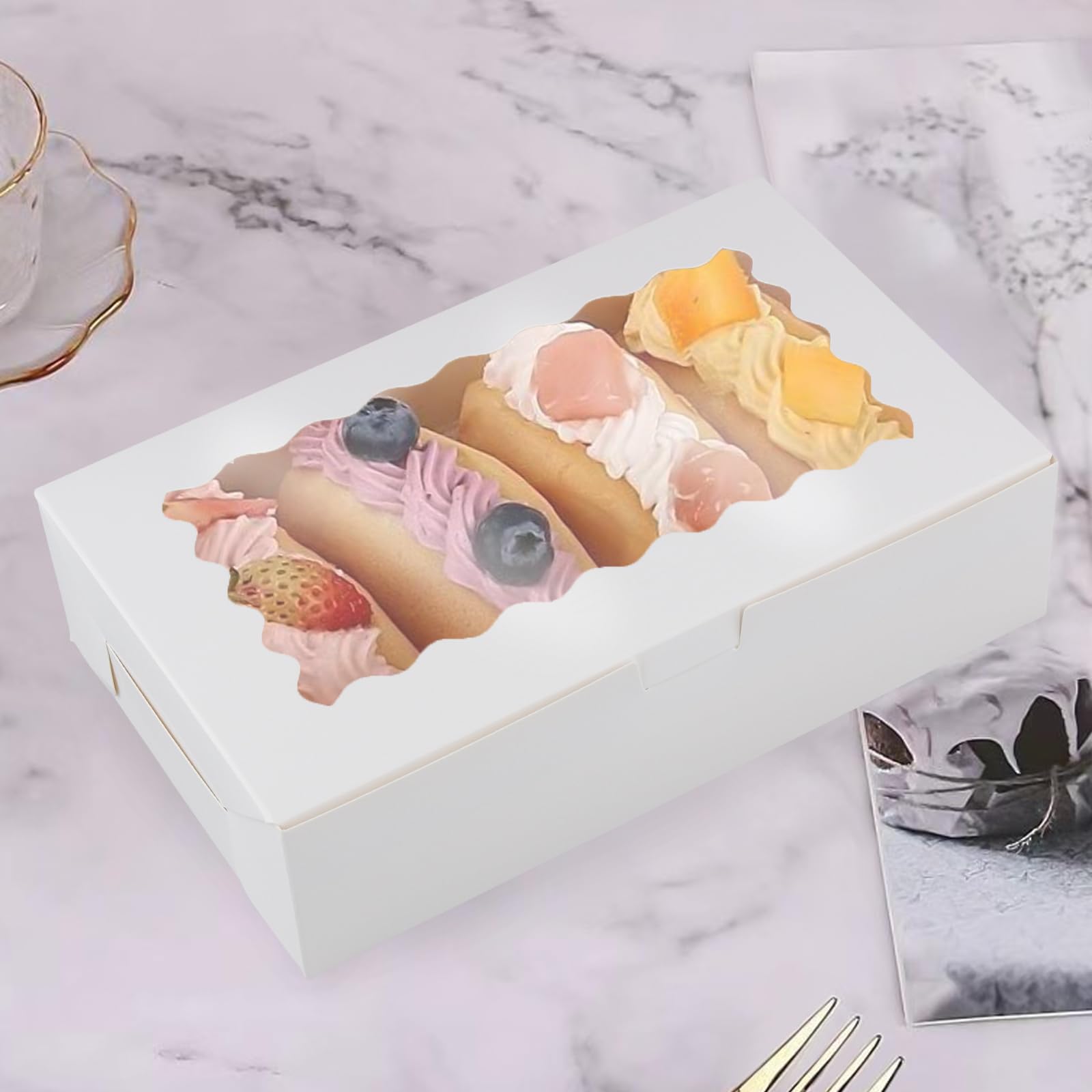 MOUYAT Paquete de 50 cajas de panadería blancas con ventana, 23 x 14 x 6 cm, cajas de galletas para macarrones, cupcakes, magdalenas, donas