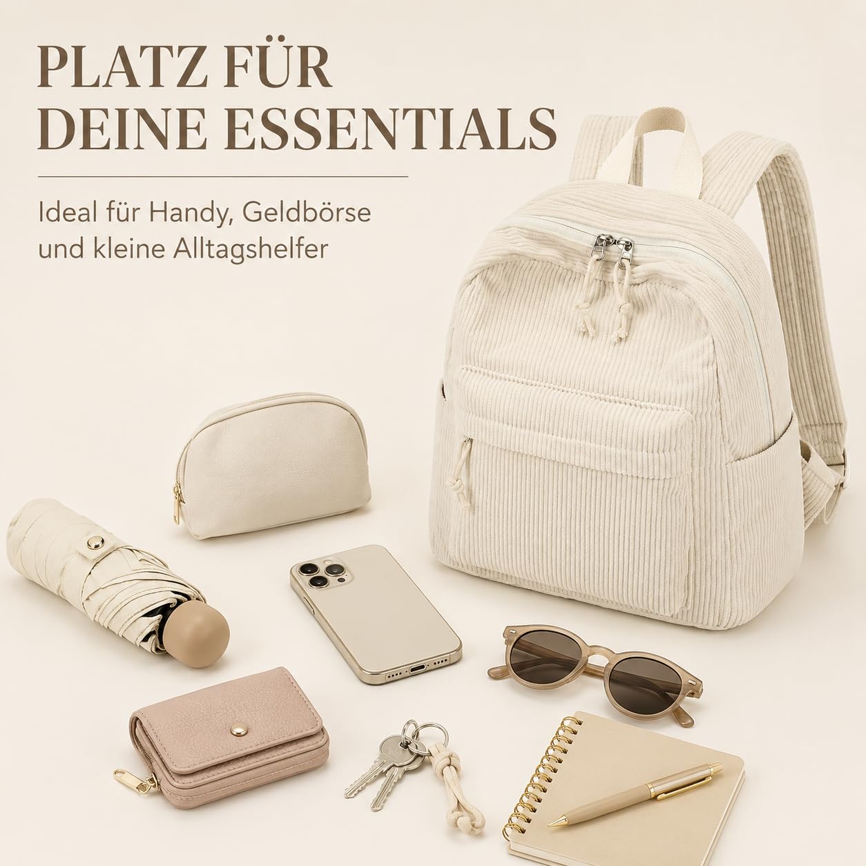 LOIDOU Petit sac à dos pour femme, petite ville, sac à dos décontracté en velours côtelé, mini portefeuille pour l'école, le travail, les voyages, le shopping