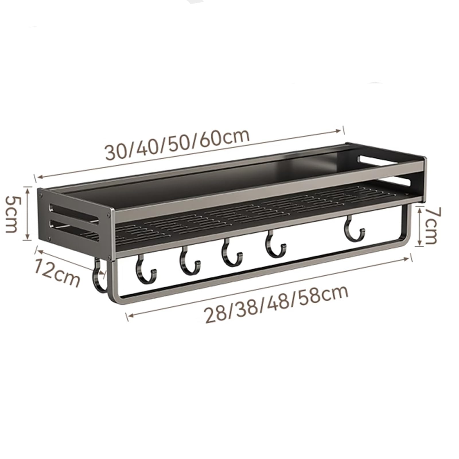 Gewürzregal Wand,Küchenhalterung Ohne Bohren Mit Haken Stangen,Schwarz Edelstahl Hakenleiste Küchenhelfer Hängeleiste,Gewürzregal Küchenablage Wand Organizer for Küche Und Bad(30cm)