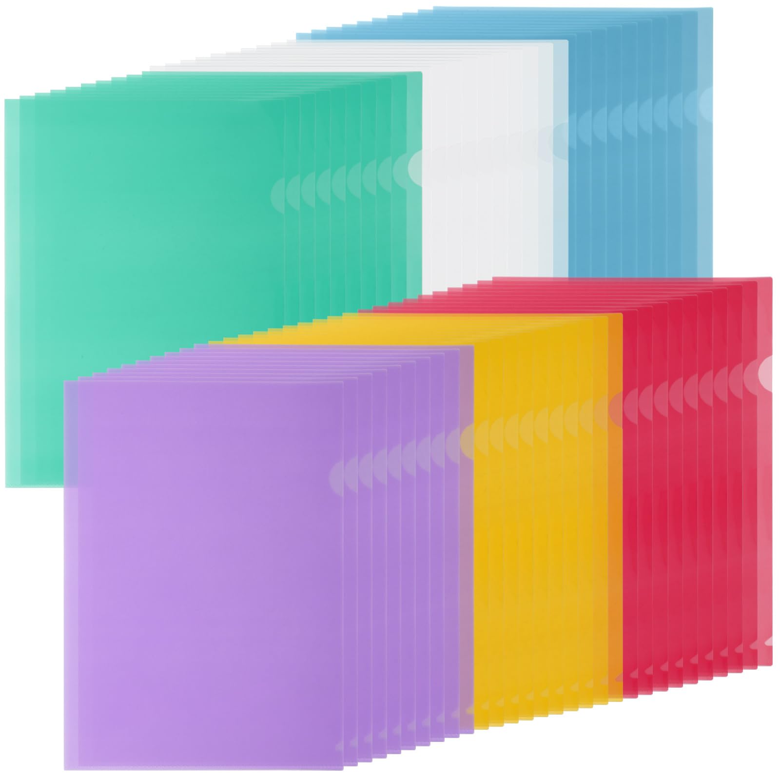 SHUESS 60 Pcs Plastic Wallets A4 - Clear A4 Plastic Sleeves, Open Top & Side - 6 Assorted Colours Clear Folders for Work, Report, Project, Presentation