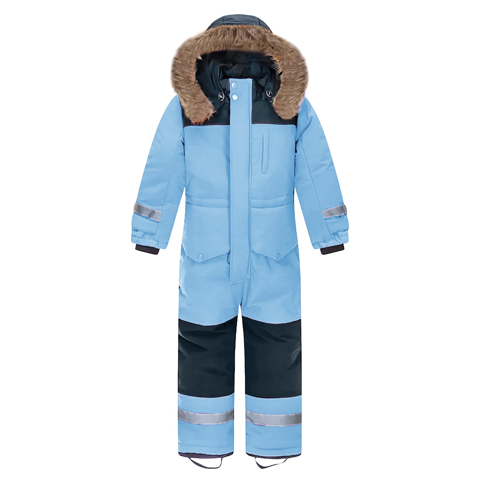 L SERVER Kinderen skipak met capuchon, winddicht, waterdicht sneeuwoverall voor jongens en meisjes, warm sneeuwpak, dikkere skioverall met reflecterende strepen, Donkerblauw, 104-110