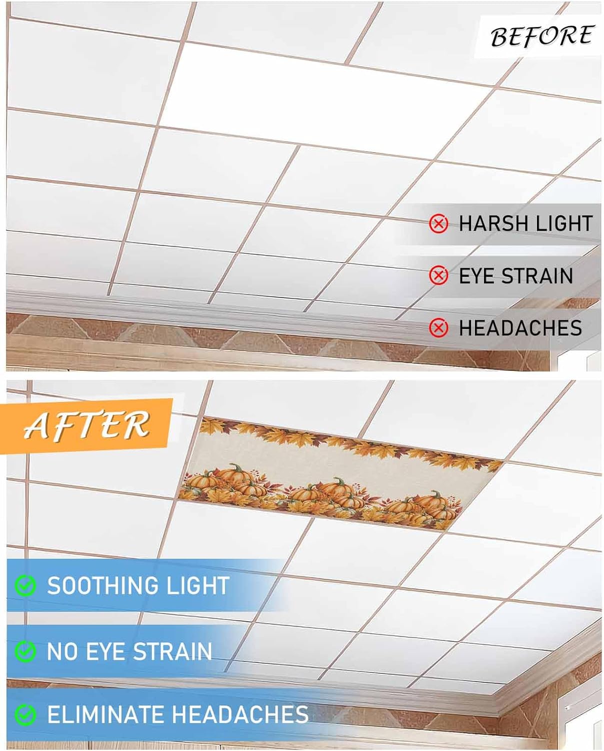 Smile Sunflower 4PCS Fall Thanksgiving Pumpkin Autumn Maple Leaves Fluorescent Light Cover, Ceiling Lampshade Decor with 10 Magnets Fixtures, Print Light Filters Cover Panel for Any Place Supplies