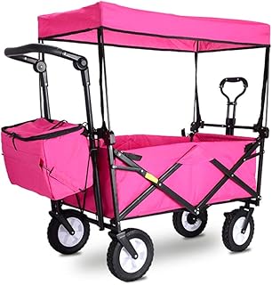 POCHY Vagão dobrável ao ar livre multiuso vagão de acampamento dobrável vagão de puxar de jardim com cesta coberta e de armazenamento caminhão de piquenique ao ar livre rolamento de carga 80 kg / 176 lbs (cor: rosa)