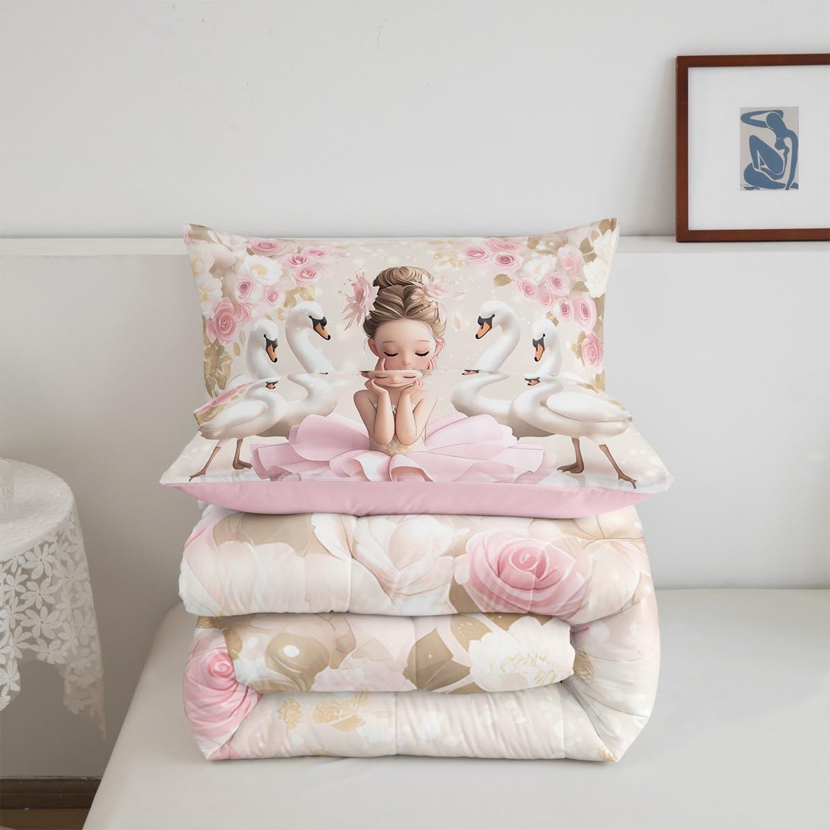 Erosebridal Ballerina Girl Princess Comforter Set Twin White Swan Bedding Set Aesthetic Ballerina Design Comforter for Kids Boys Girls,Pink Romantic Rose Flowers Quilt Duvet