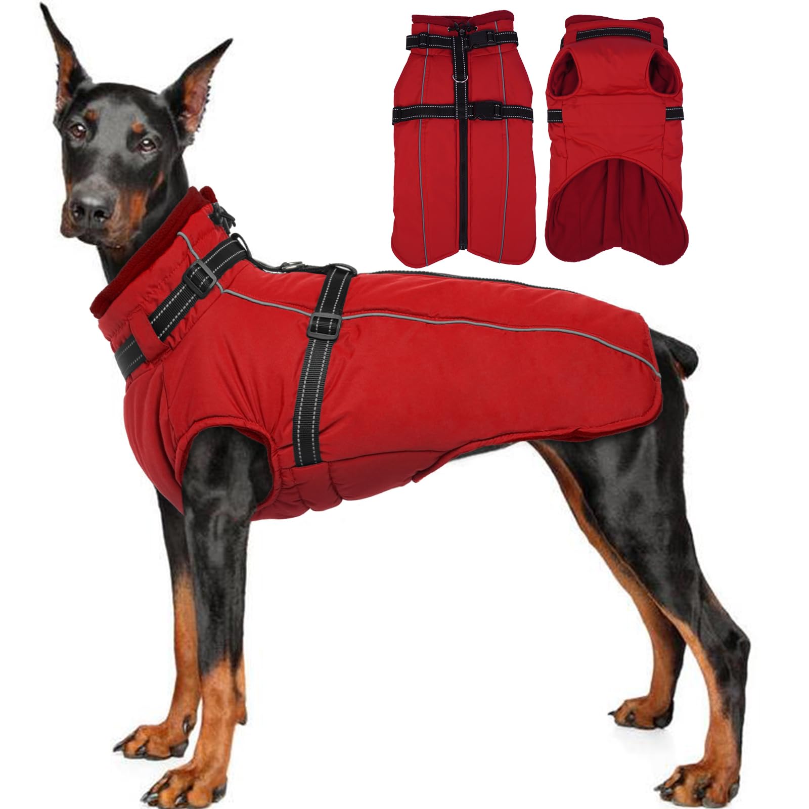 Lelepet Large Dog Coat With Harness - Warm Waterproof Fleece Jacket, Winter Reflective Vest Snow Suit for French Bulldog Red L