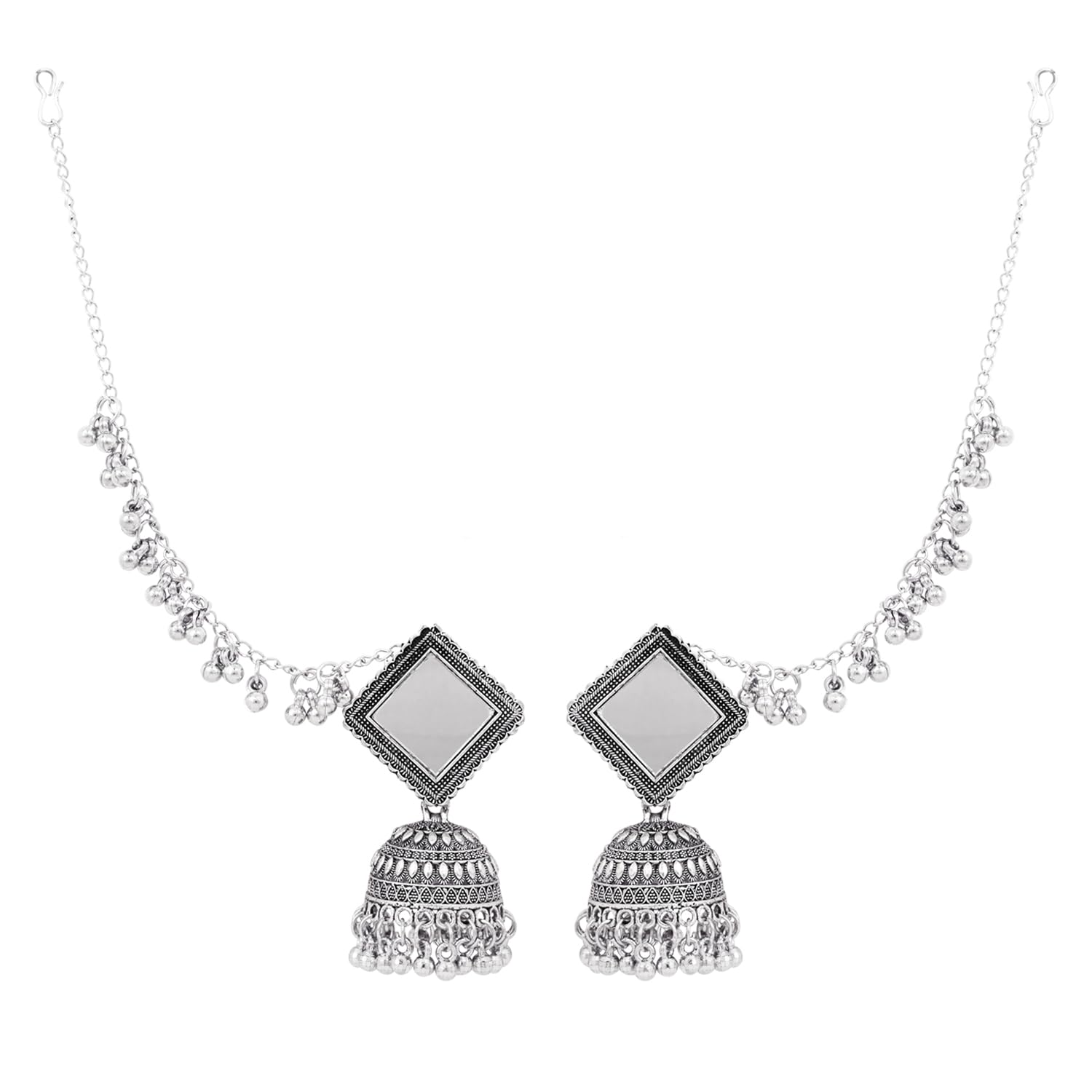 i jewels Silver Plated Traditional Mirror Jhumka Earring With Ear Chain for Women (E3388OX)-picture-50