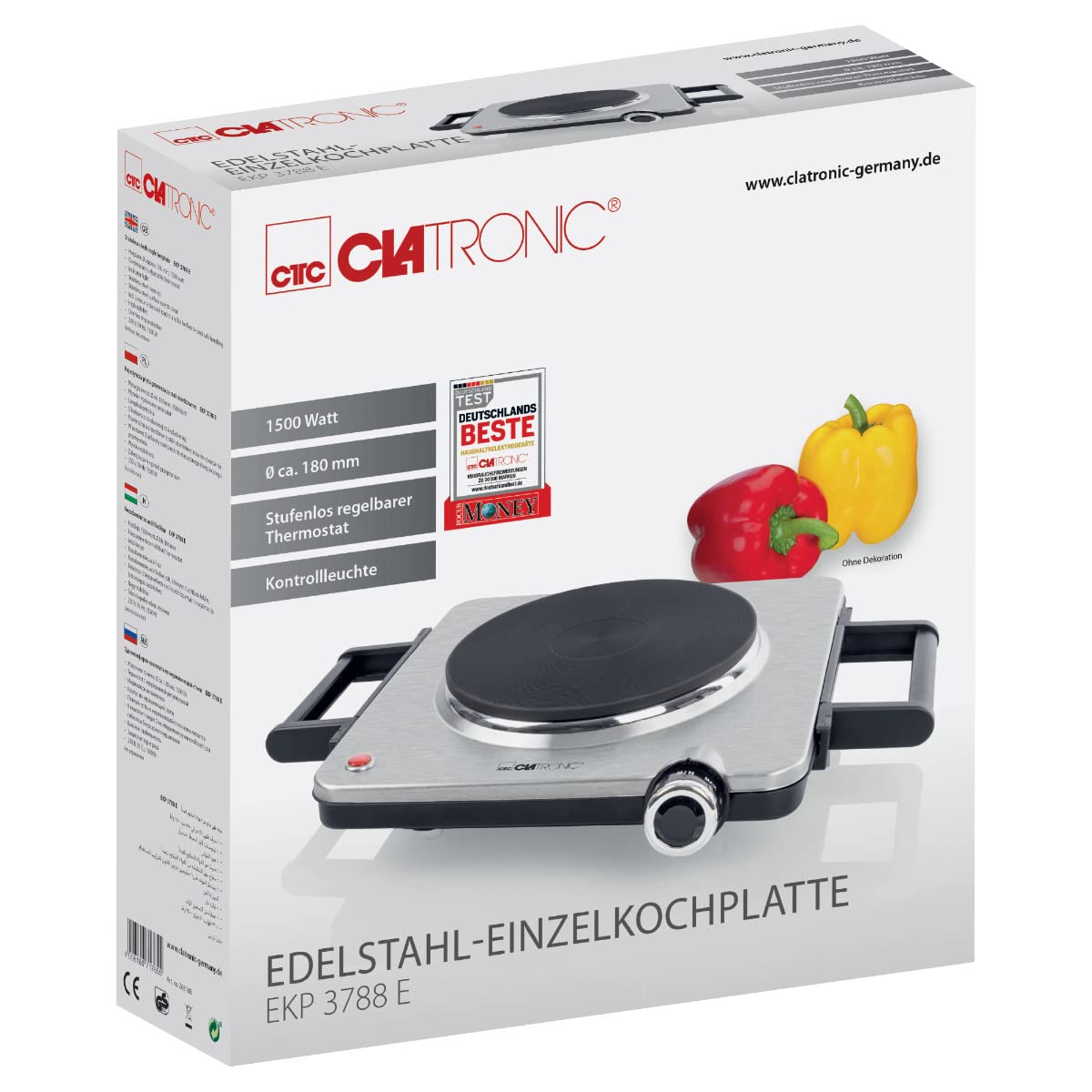 Clatronic® Piano cottura elettrico da 1500 W, 1 piano cottura per cucina, ufficio o campeggio, piastra elettrica con regolazione continua della temperatura, piastra singola in acciaio inox, EKP 3788