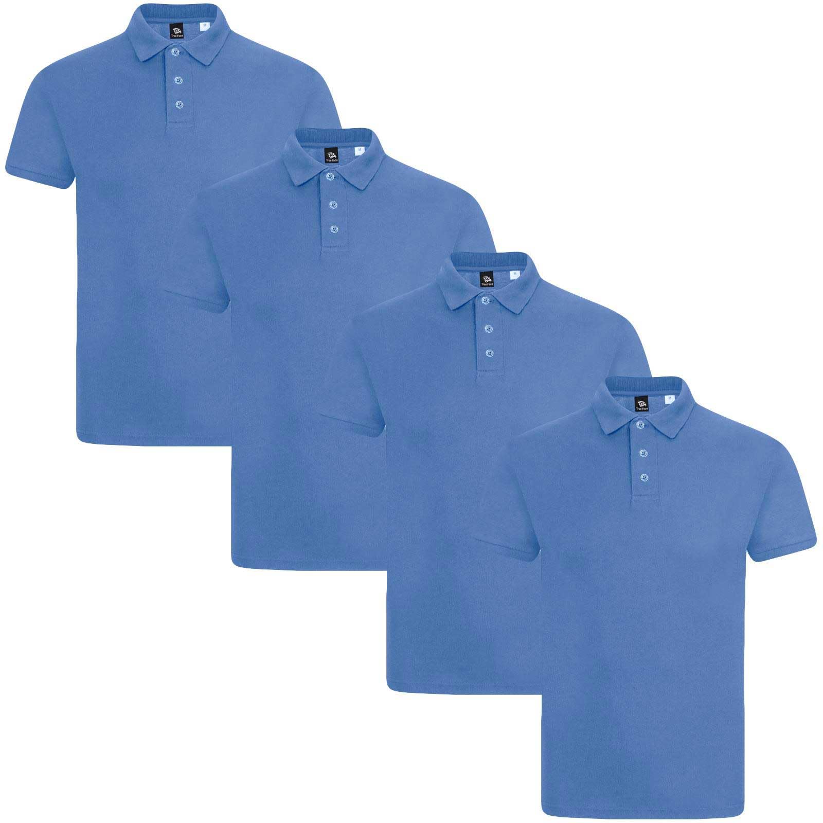 True Face Men's Blue Plain - 4 Pack Polo Shirt Plain Tshirt Short Sleeve Summer Work Pique T Shirt Workwear Adult Tee Classic Casual Top Xl