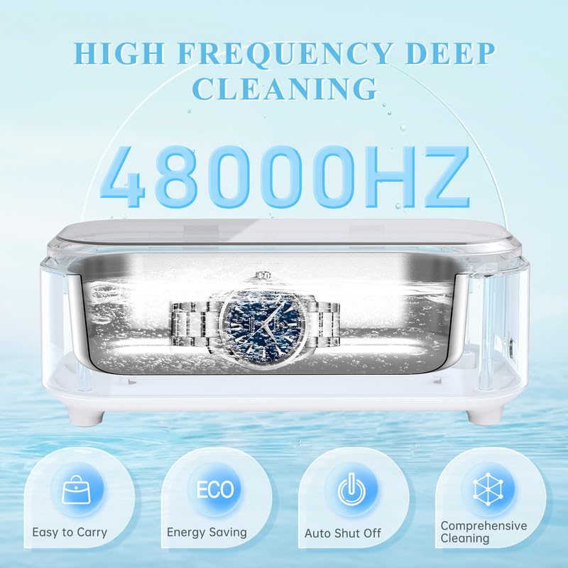 Limpiador Ultrasonidos, 48000Hz Limpiador Ultrasónico para Gafas, 350ML Limpiador Joyas Ultrasonidos Profesional para Relojes, Dentaduras,Anillos, Collares
