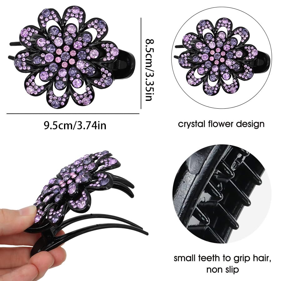 Shimmering Crystal & Rhinestone Flower Hair Clips - 3 PC Vintage Duckbill and Ponytail Clip Set, Elegant Barrettes Hair Accessories for Women