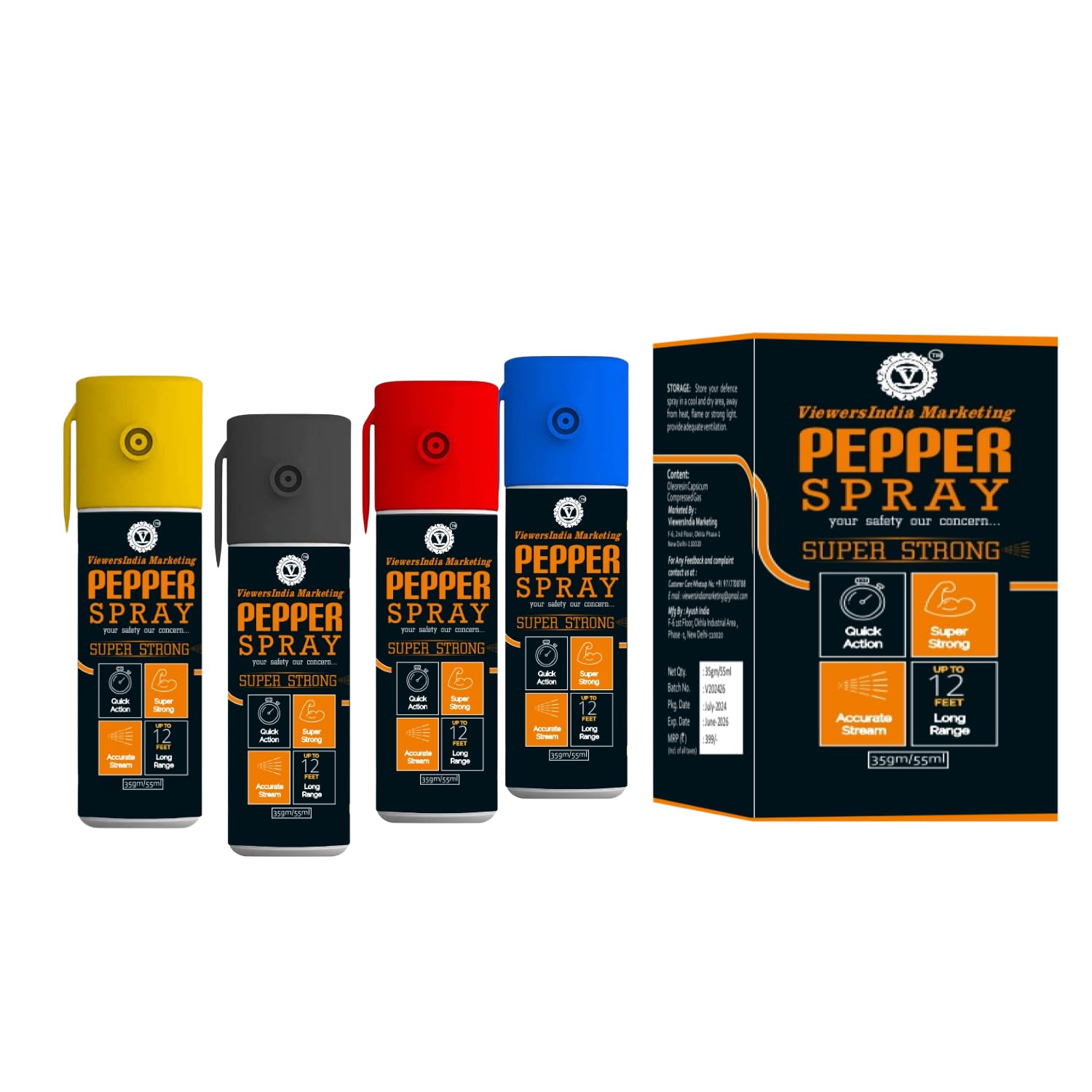 Pepper Spray Self Defence for Women Safety Red+Blue+Yellow+Black PK 4 Each 55ml (220ML)