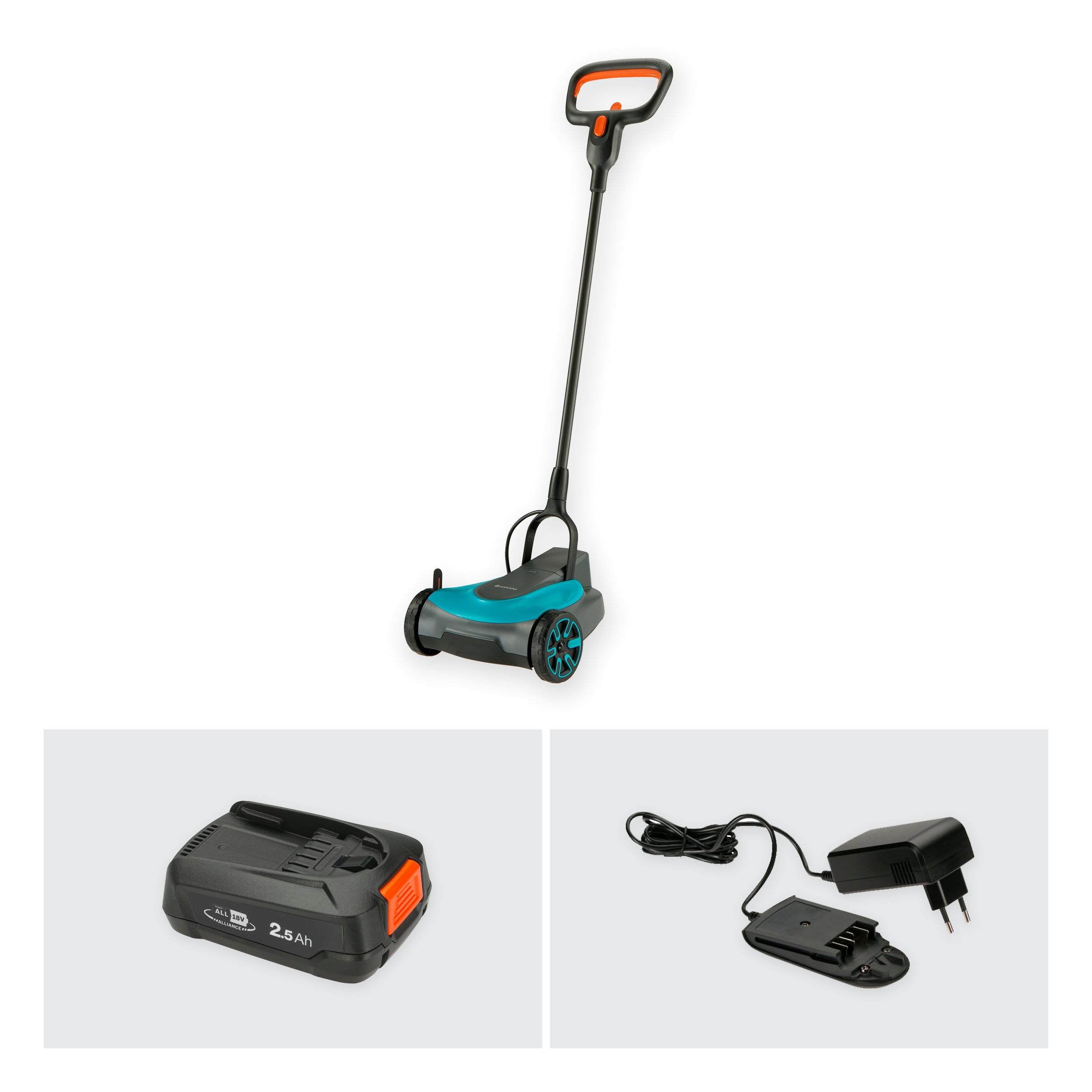 Gardena Set listo para usar cortacésped a Batería 22/18V P4A: Pequeño, Ligero, Cuchilla de mulching, Céspedes de hasta 50 m², Sin cable (14620-20)