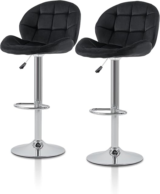 TUKAILAI Bar Stools Set of 2 Velvet, Adjustable Swivel Gas Lift, Chrome Footrest & Base Breakfast Bar Stools Dining Kitchen Bar Chairs Counter Home Barstools with Back