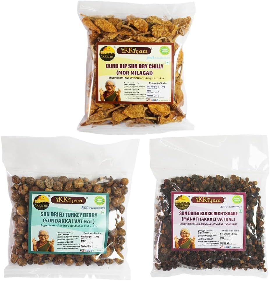 Ikkiyam Traditional South Indian Sun-Dried Combo | Premium Organic Mix of MorMilagai, Sundakkai Vathal & Manathakkali Vathal | 100g Each โ Total 300g